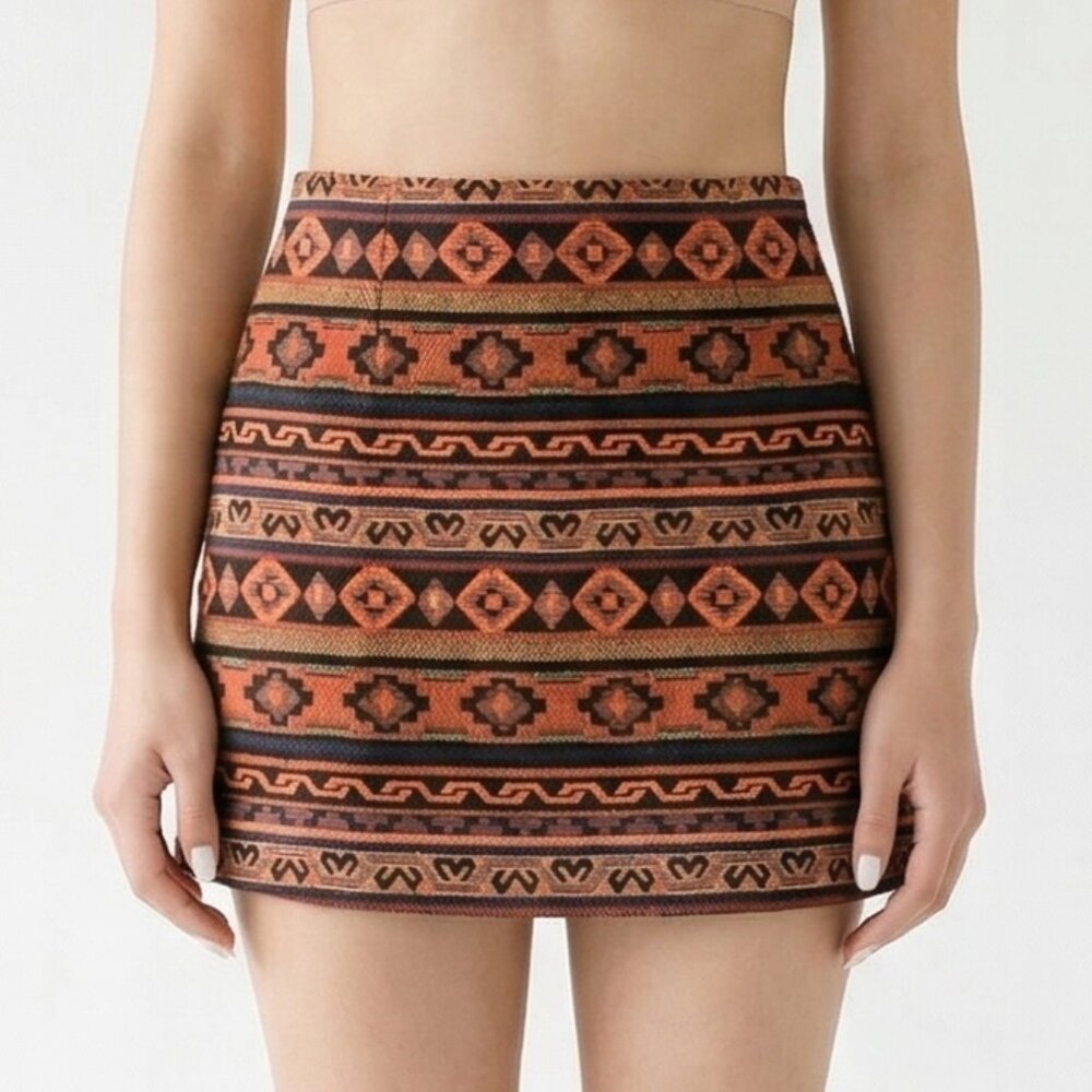 Forever 21 Skirt Orange Aztec Tapestry Mini Southwestern Boho M NWT